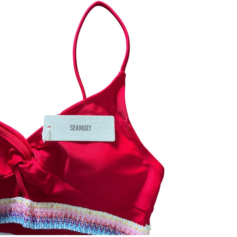 SEAMOLY Red Boho Rainbow Trim Bikini‎ Set High Waisted XS Beach Pool Gym Cruise - Picture 2 of 12